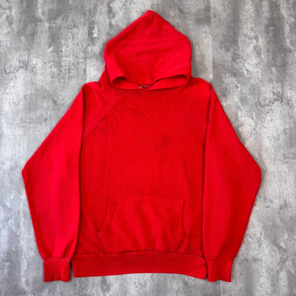 Vintage Actif Blank Hoodie Sweatshirt Mens M Red Raglan Kangaroo Pocket USA 70s